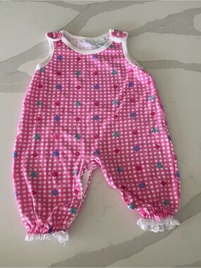 Vintage 90’s y2k First Moments Pink Gingham Floral Lace trim bubble Romper 6-9M